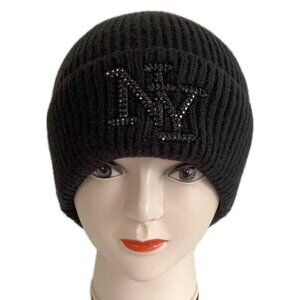 Men Women Rhinestones NY Winter Knit Fur lined Thick Beanie Hat -Black/Black